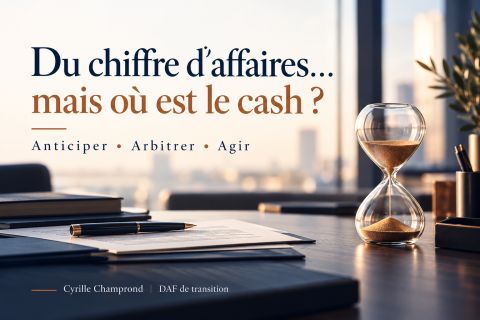 Du chiffre d’affaires, mais où est le cash ? – Cyrille Champrond Du chiffre d’affaires, mais où est le cash ? Anticiper, arbitrer, agir. Cyrille Champrond, DAF de transition.